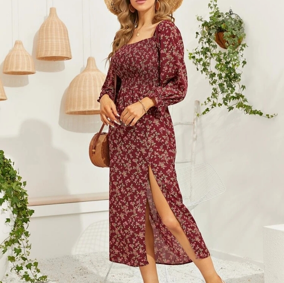 Floral split-thigh Shirred Bodice Dress